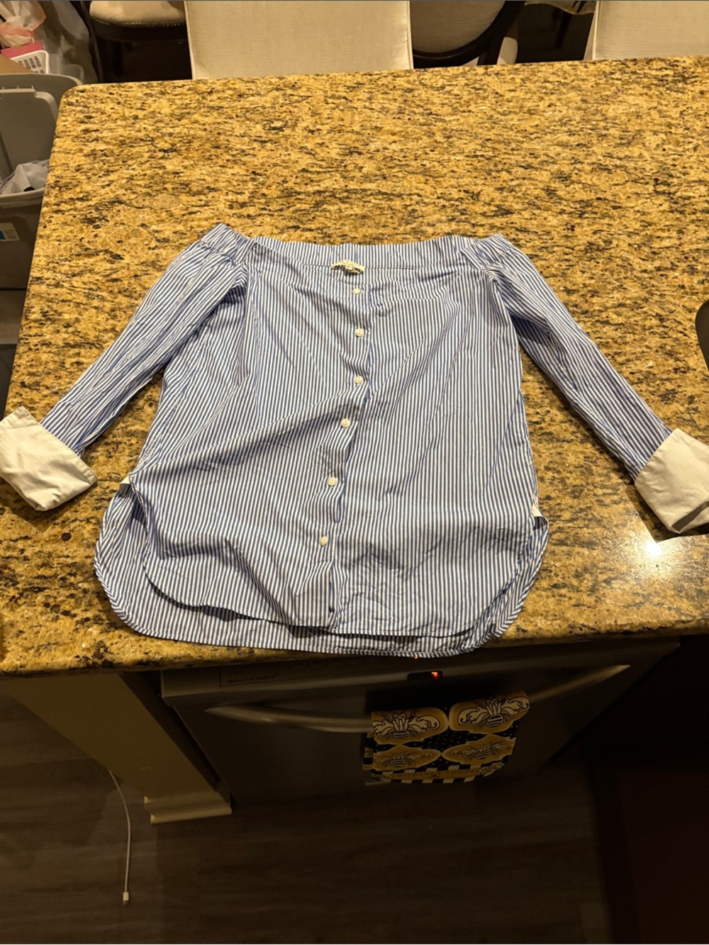 rag & bone Blue and White Striped Off-the-Shoulder Button-Up Blouse